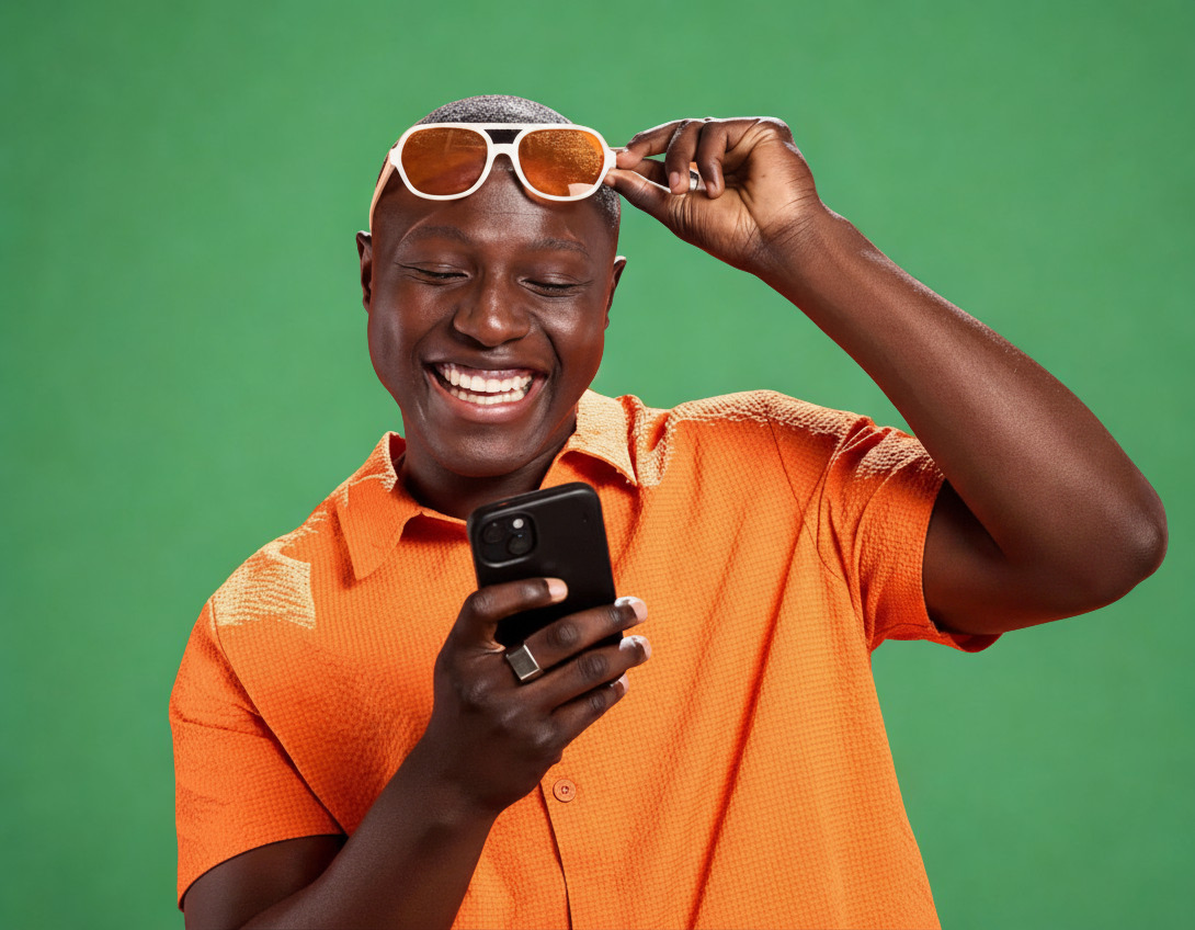 A man delighted and trusting a strong Google rating on his phone